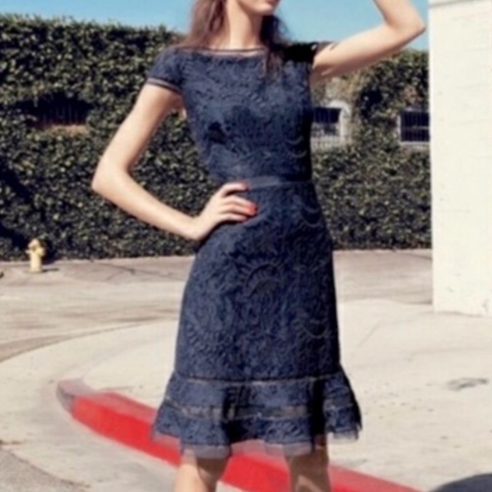 Adrianna Papell Women's Blue Lace Overlay Dress Size 14